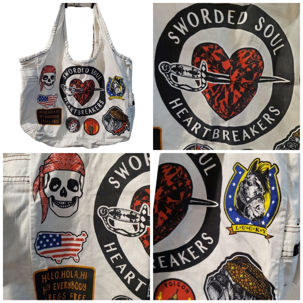 LAUREN MOSHI**RARE**White 'Sworded Soul Heartbreakers' Patch Tote Bag
